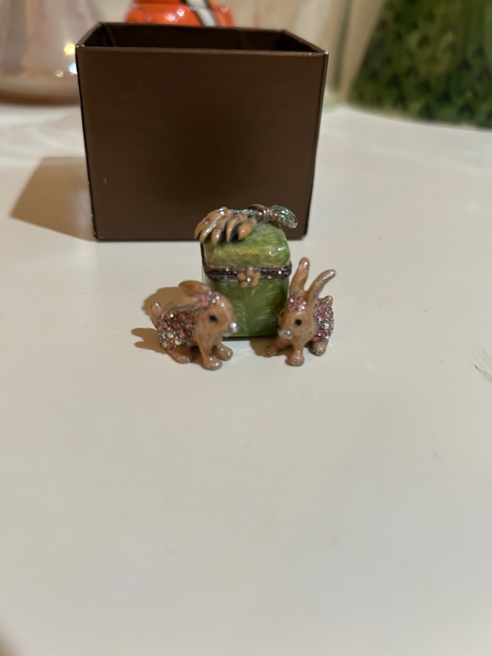 Jay Strongwater Green Enamel Box with Pink-Crystal Bunnies